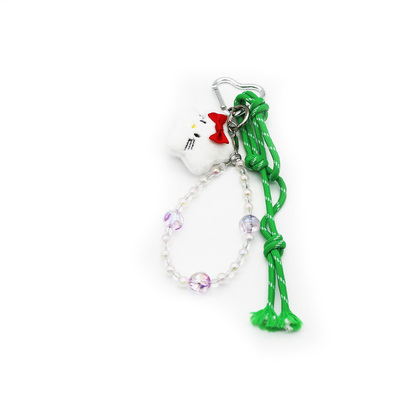 Cute little white cat doll pendant toy green rope pearl chain string handbag bag pendant charm silic
